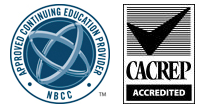 Approved Continuing Education Provider badge on the National Board for Certified Counselors logo  and a Council for Accreditation of Counseling & Related Educational Programs logo with "Acrredited" badge